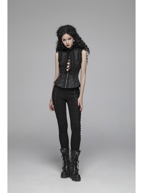 Gothic Stretch Tight Jacquard Printed Decoration Black Bottom Trousers