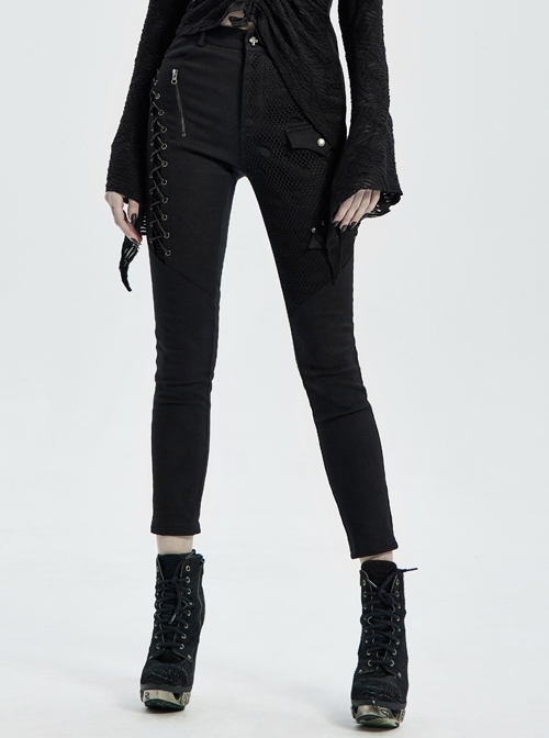 Punk Stretch Weaved Fabric Buttonhole Drawstring Zipper Design Women Trousers