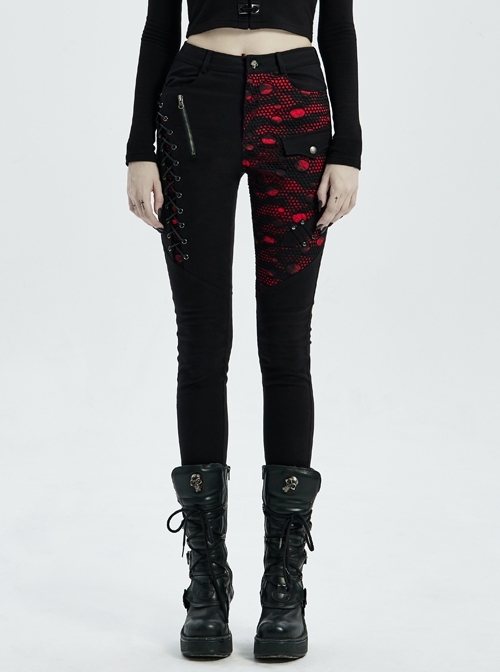 Punk Stretch Weaved Fabric Buttonhole Drawstring Zipper Design Women Trousers