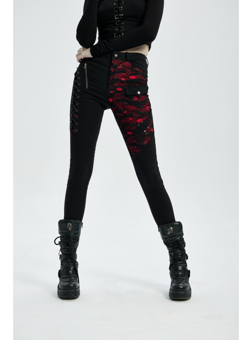 Punk Stretch Weaved Fabric Buttonhole Drawstring Zipper Design Women Trousers