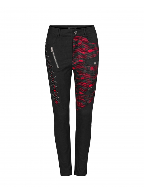 Punk Stretch Weaved Fabric Buttonhole Drawstring Zipper Design Women Trousers