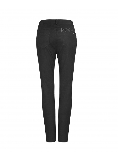 Punk Stretch Weaved Fabric Buttonhole Drawstring Zipper Design Women Trousers
