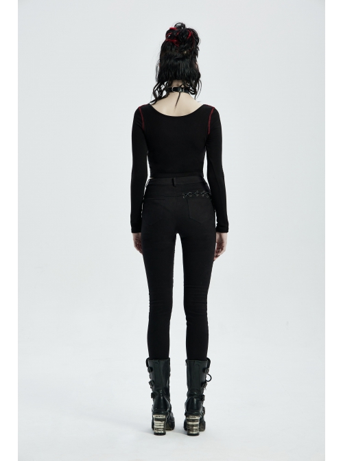 Punk Stretch Weaved Fabric Buttonhole Drawstring Zipper Design Women Trousers