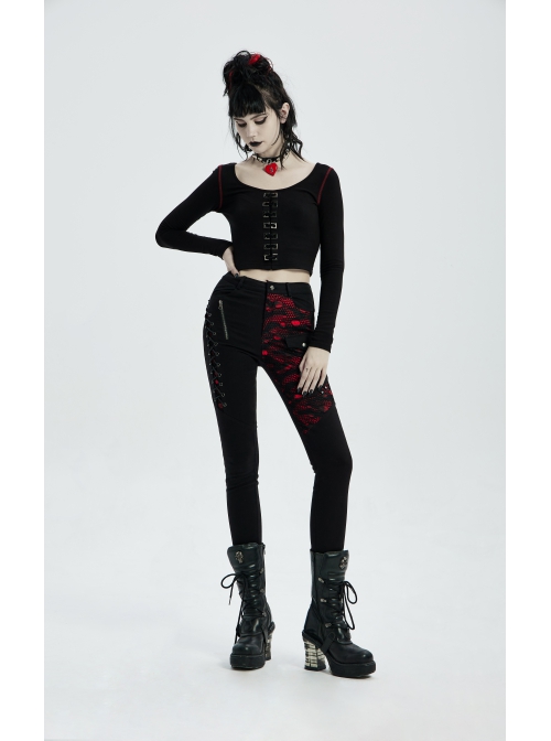 Punk Stretch Weaved Fabric Buttonhole Drawstring Zipper Design Women Trousers