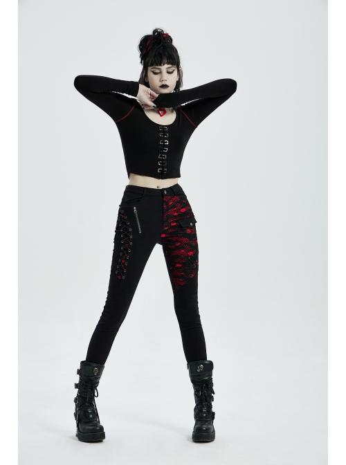 Punk Stretch Weaved Fabric Buttonhole Drawstring Zipper Design Women Trousers