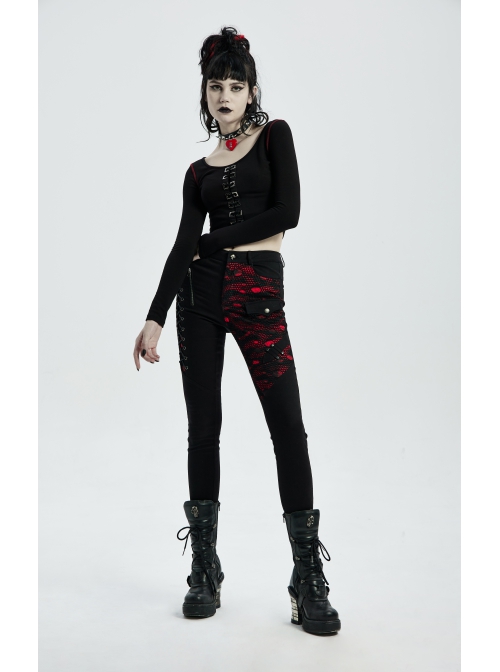 Punk Stretch Weaved Fabric Buttonhole Drawstring Zipper Design Women Trousers