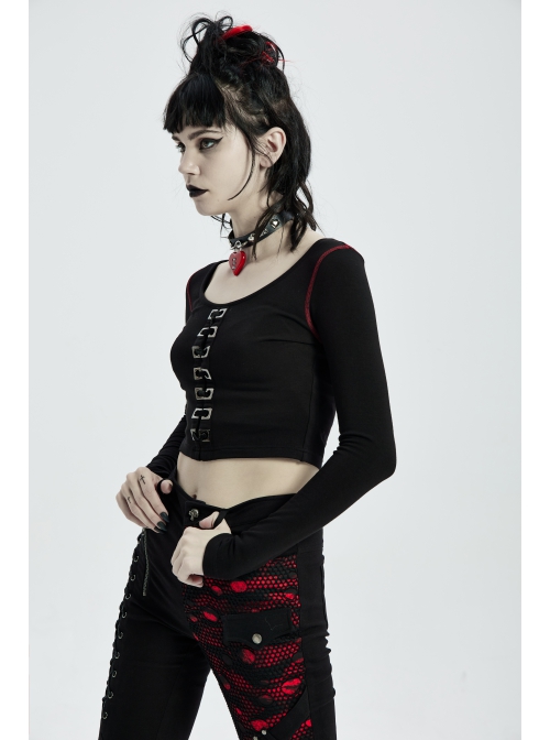 Punk Stretch Weaved Fabric Buttonhole Drawstring Zipper Design Women Trousers