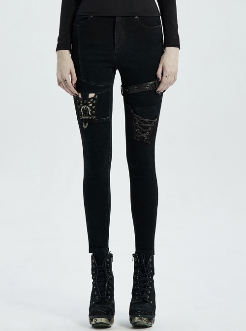 Punk Stretch Skinny Denim Hollow Structure Design Retro Metal Decoration Denim Trousers