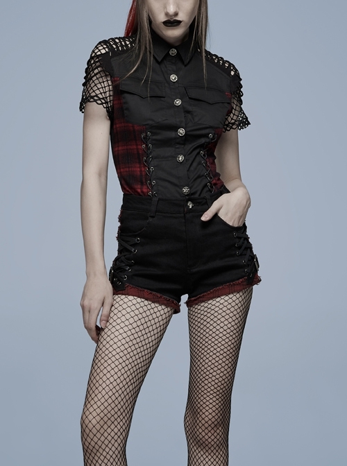 Punk Elastic Red And Black Lattice Stitching Side Rope Decoration Shorts