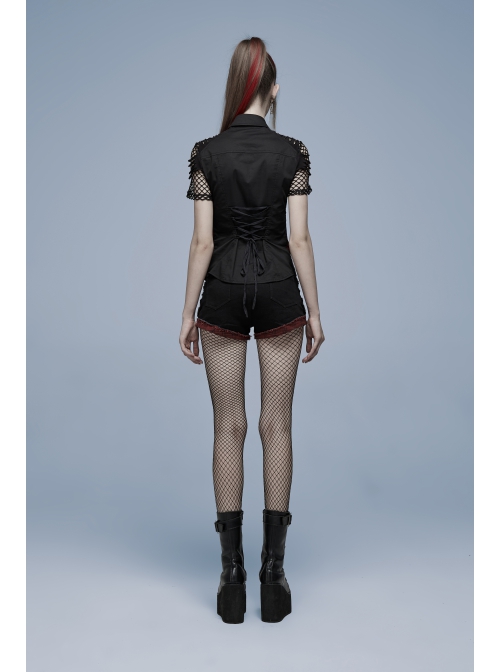 Punk Elastic Red And Black Lattice Stitching Side Rope Decoration Shorts