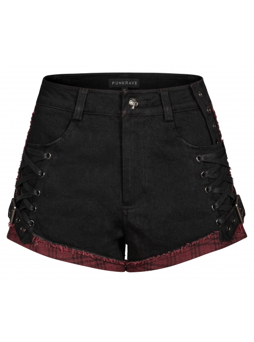 Punk Elastic Red And Black Lattice Stitching Side Rope Decoration Shorts
