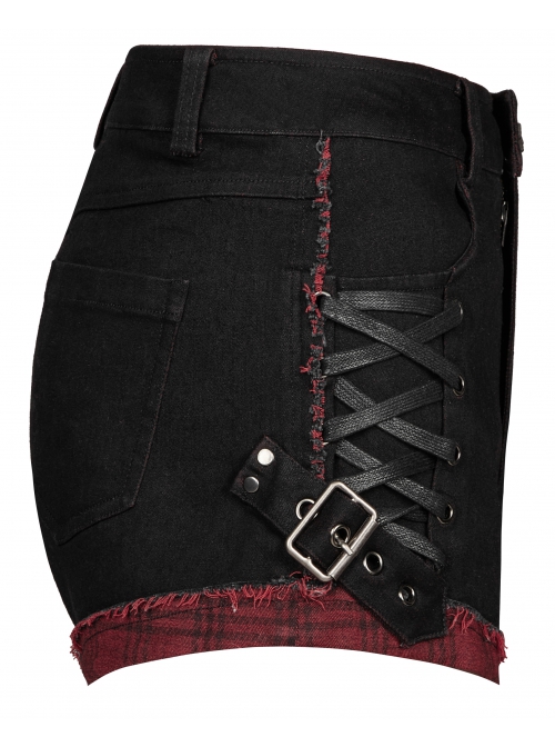Punk Elastic Red And Black Lattice Stitching Side Rope Decoration Shorts