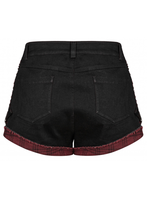 Punk Elastic Red And Black Lattice Stitching Side Rope Decoration Shorts