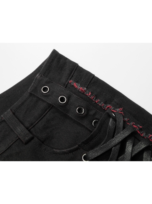Punk Elastic Red And Black Lattice Stitching Side Rope Decoration Shorts