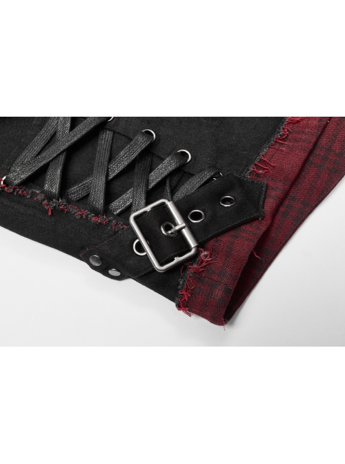 Punk Elastic Red And Black Lattice Stitching Side Rope Decoration Shorts