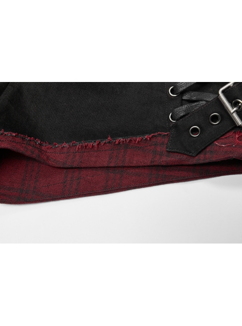 Punk Elastic Red And Black Lattice Stitching Side Rope Decoration Shorts