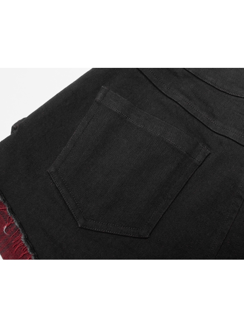 Punk Elastic Red And Black Lattice Stitching Side Rope Decoration Shorts