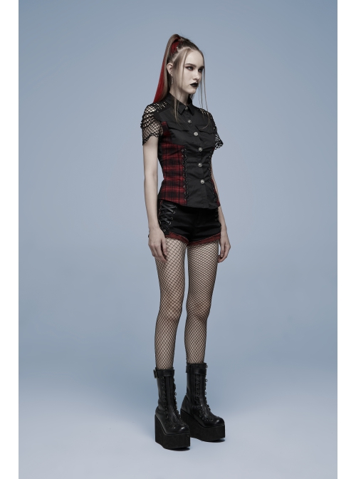 Punk Elastic Red And Black Lattice Stitching Side Rope Decoration Shorts