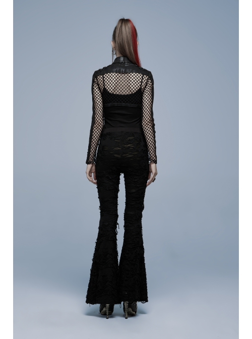 Gothic Knitted Fabric Central Mesh Splicing Design Belt Decoration Flare Long Pants