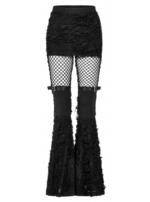 Gothic Knitted Fabric Central Mesh Splicing Design Belt Decoration Flare Long Pants