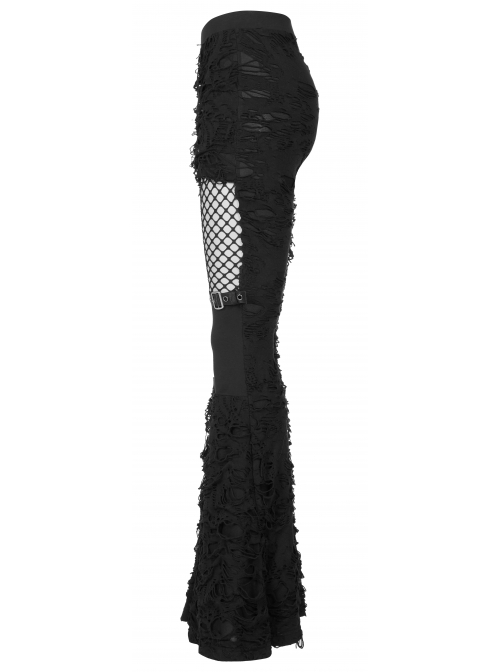 Gothic Knitted Fabric Central Mesh Splicing Design Belt Decoration Flare Long Pants