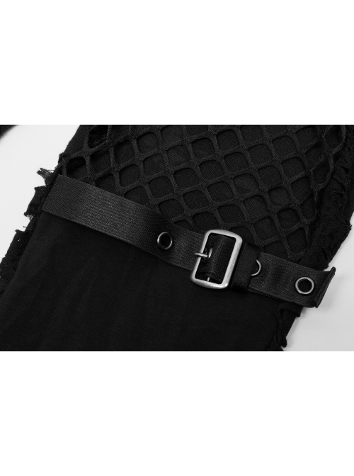 Gothic Knitted Fabric Central Mesh Splicing Design Belt Decoration Flare Long Pants
