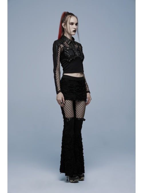 Gothic Knitted Fabric Central Mesh Splicing Design Belt Decoration Flare Long Pants