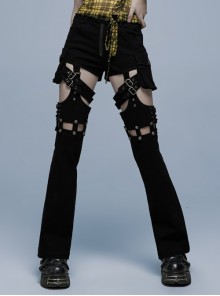 Punk Stretch Weaved Fabric Irregular Hollow Stitching And Detachable Design Stylish Long Pants