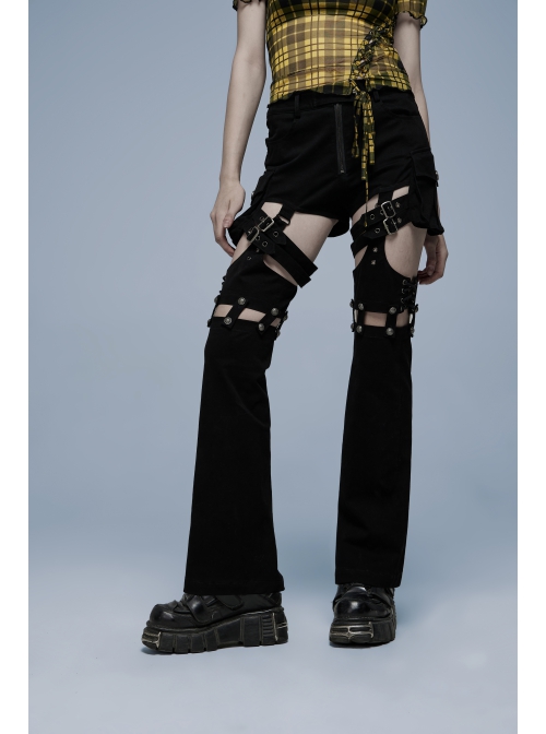 Punk Stretch Weaved Fabric Irregular Hollow Stitching And Detachable Design Stylish Long Pants