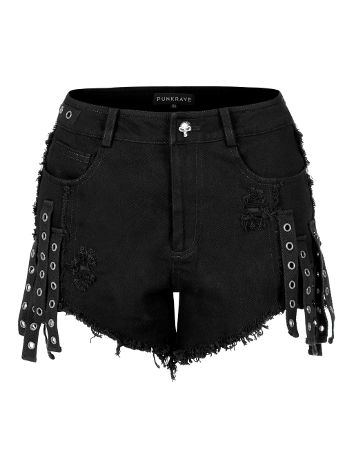 Gothic Stretch Denim Fabric Irregular Ribbon Doodle Pattern Decoration Contrast Color Ragged Jeans