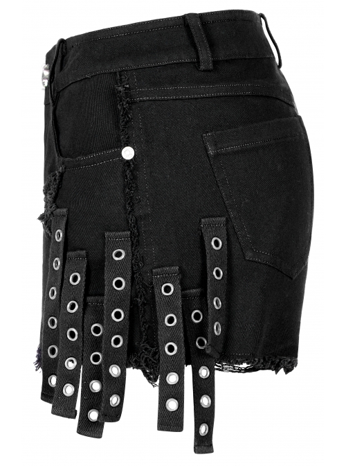 Gothic Stretch Denim Fabric Irregular Ribbon Doodle Pattern Decoration Contrast Color Ragged Jeans