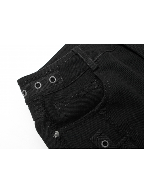 Gothic Stretch Denim Fabric Irregular Ribbon Doodle Pattern Decoration Contrast Color Ragged Jeans