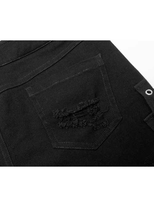 Gothic Stretch Denim Fabric Irregular Ribbon Doodle Pattern Decoration Contrast Color Ragged Jeans