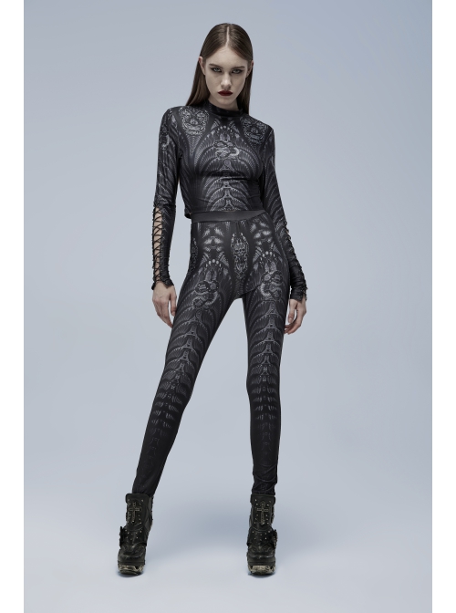 Goth SkinnySkull Print Fabric Decoration Skeleton Black Print Leggings