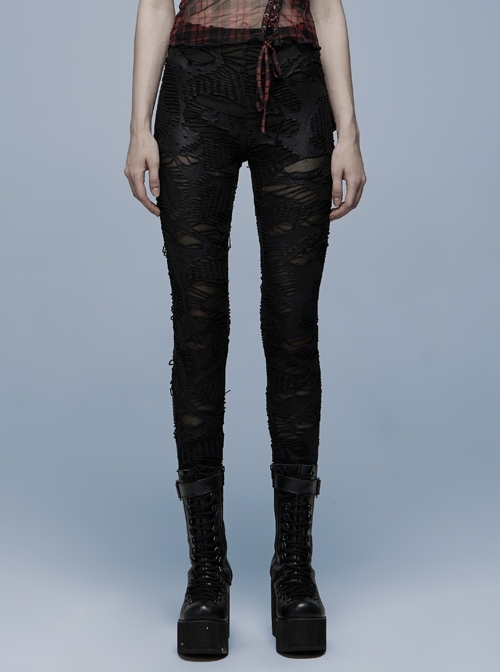 Goth Knitted Fabric Design Hole Strap Hollow Skinny Skeleton Print Leggings