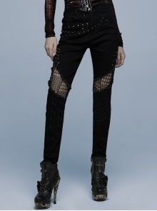 Punk Stretch Weaved Fabric Splicing Irregular Mesh Heavy Metal Rivet Decoration Denim Trousers