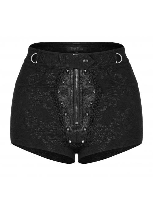 Gothic Coffin Shape Design Lace Print Button Decoration Black Shorts
