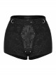 Gothic Coffin Shape Design Lace Print Button Decoration Black Shorts