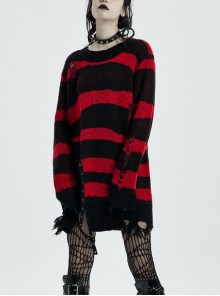 Gothic Irregular Stripe Pattern Hole Design Hem Slit Loose Pullover Sweater