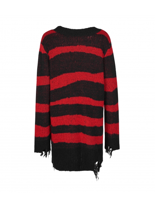 Gothic Irregular Stripe Pattern Hole Design Hem Slit Loose Pullover Sweater