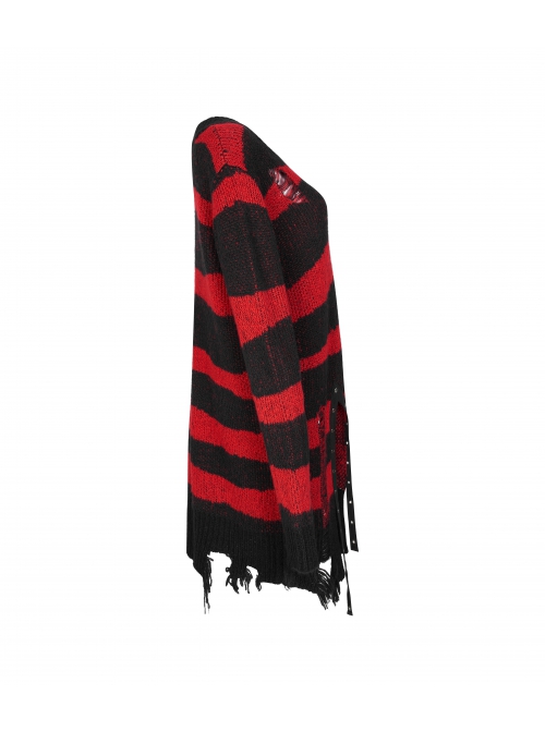 Gothic Irregular Stripe Pattern Hole Design Hem Slit Loose Pullover Sweater