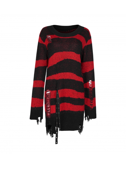 Gothic Irregular Stripe Pattern Hole Design Hem Slit Loose Pullover Sweater