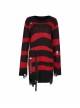 Gothic Irregular Stripe Pattern Hole Design Hem Slit Loose Pullover Sweater