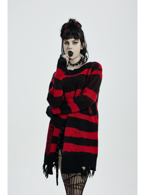 Gothic Irregular Stripe Pattern Hole Design Hem Slit Loose Pullover Sweater