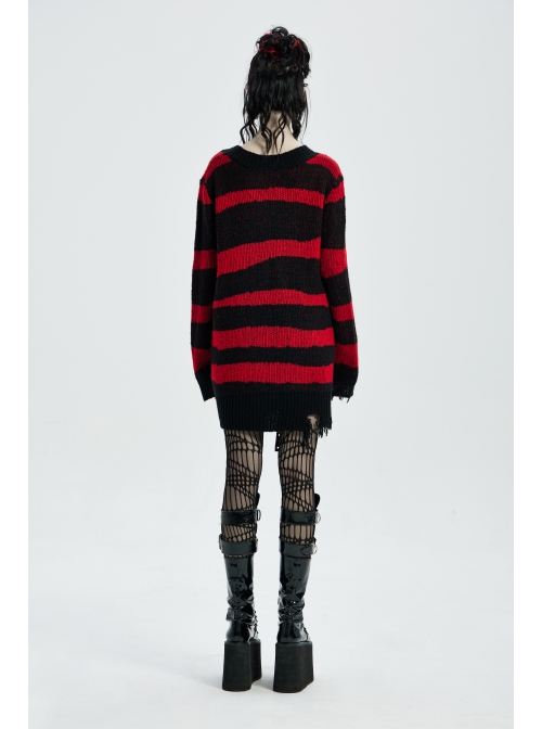 Gothic Irregular Stripe Pattern Hole Design Hem Slit Loose Pullover Sweater