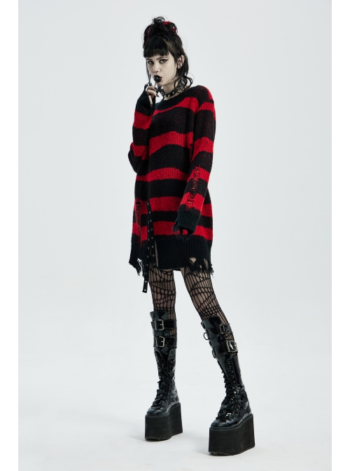 Gothic Irregular Stripe Pattern Hole Design Hem Slit Loose Pullover Sweater