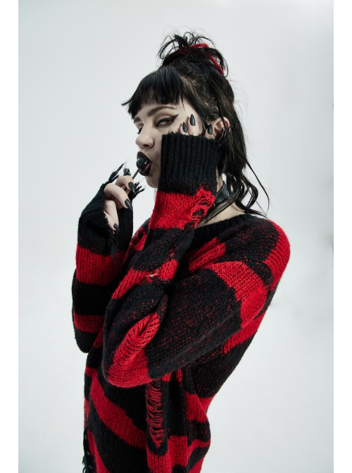 Gothic Irregular Stripe Pattern Hole Design Hem Slit Loose Pullover Sweater