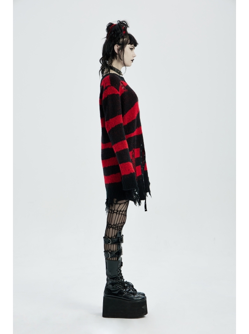 Gothic Irregular Stripe Pattern Hole Design Hem Slit Loose Pullover Sweater