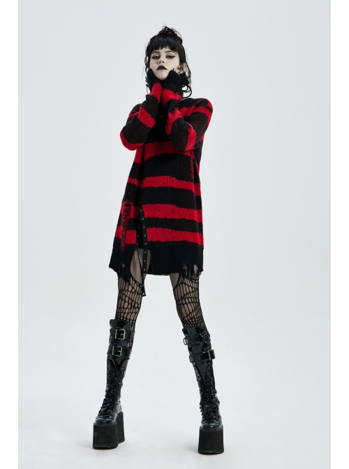 Gothic Irregular Stripe Pattern Hole Design Hem Slit Loose Pullover Sweater