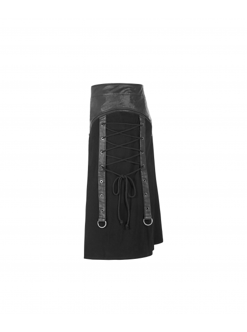 Black Punk Twill Woven Fabric Drawstring Pocket Design Removable Half Skirt